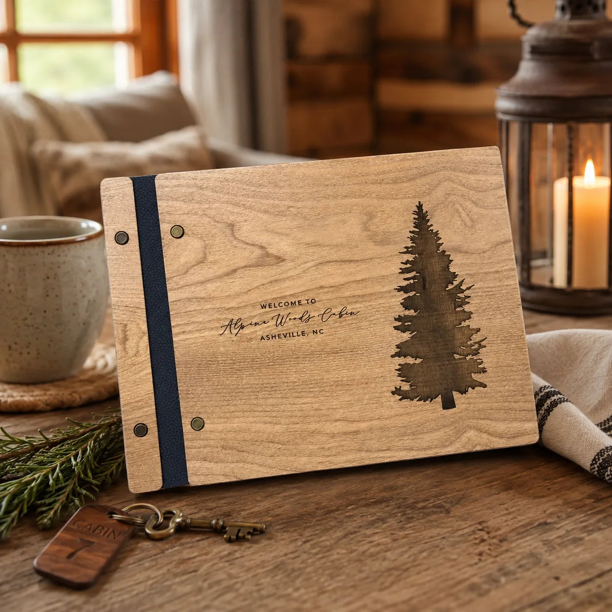 Wooden Guest Book, Pine Tree Guestbook, Custom Cabin Lodge Welcome Book for Airbnb