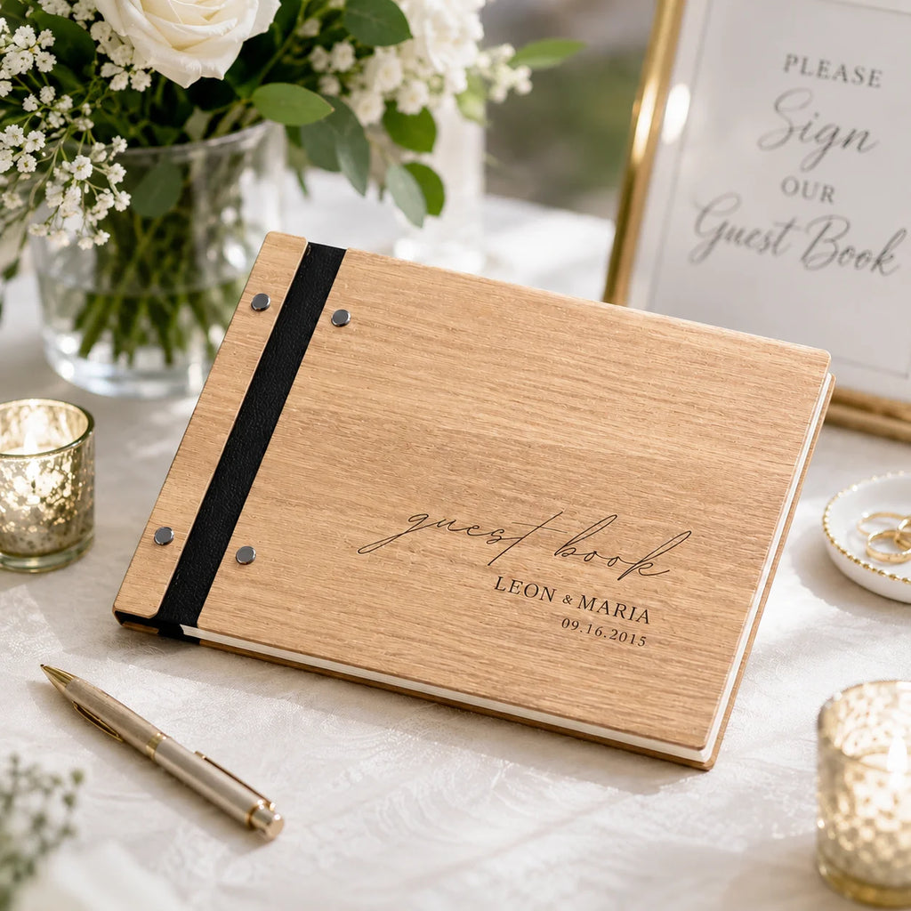 Solid Wood Wedding Guest Book - Engraved Blessings Keepsake | Personalized with Names & Date