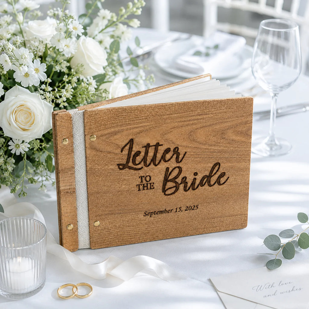 Personalized Wooden Letter to the Bride Book – Handmade Wedding Memory Album & Bridal Shower Keepsake Gift