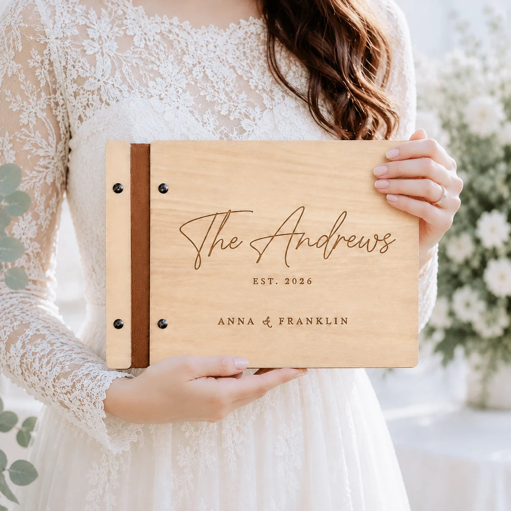 Personalized Family Name Wedding Guest Book – Engraved Wooden Keepsake