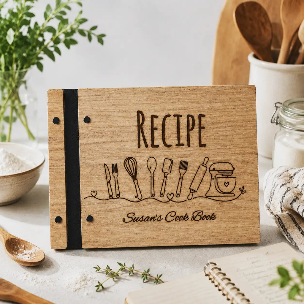 Personalized Wooden Recipe Book – Custom Engraved Family Cookbook & Recipe Organizer