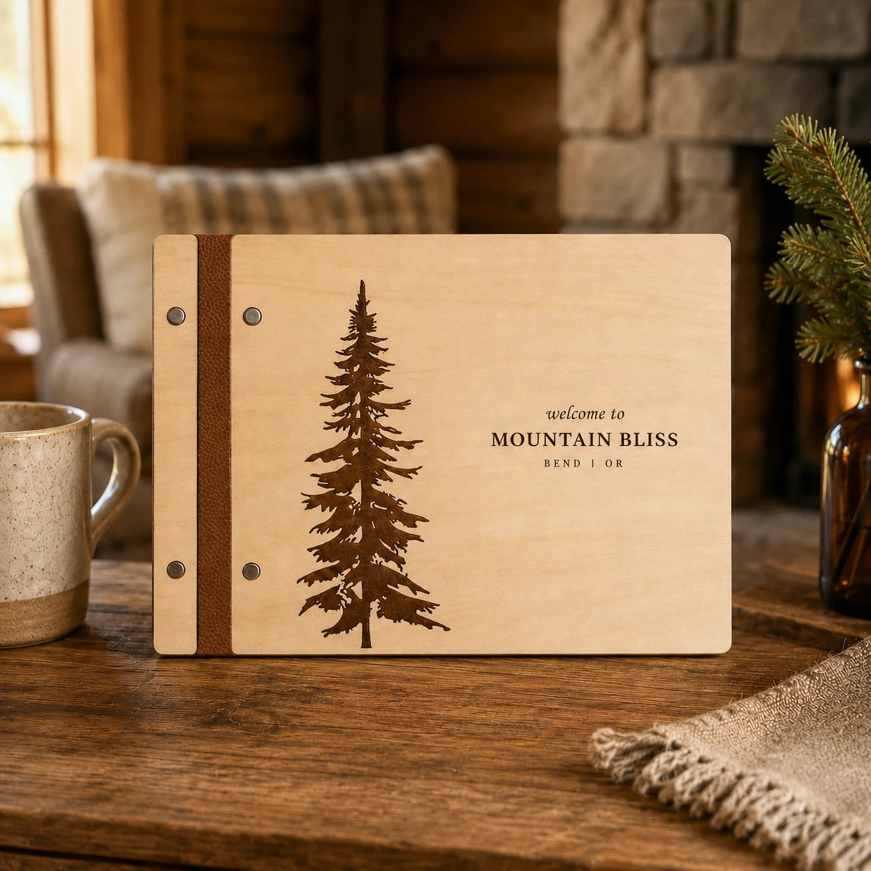 Wooden Guest Book, Pine Tree Guestbook, Custom Cabin Lodge Welcome Book for Airbnb