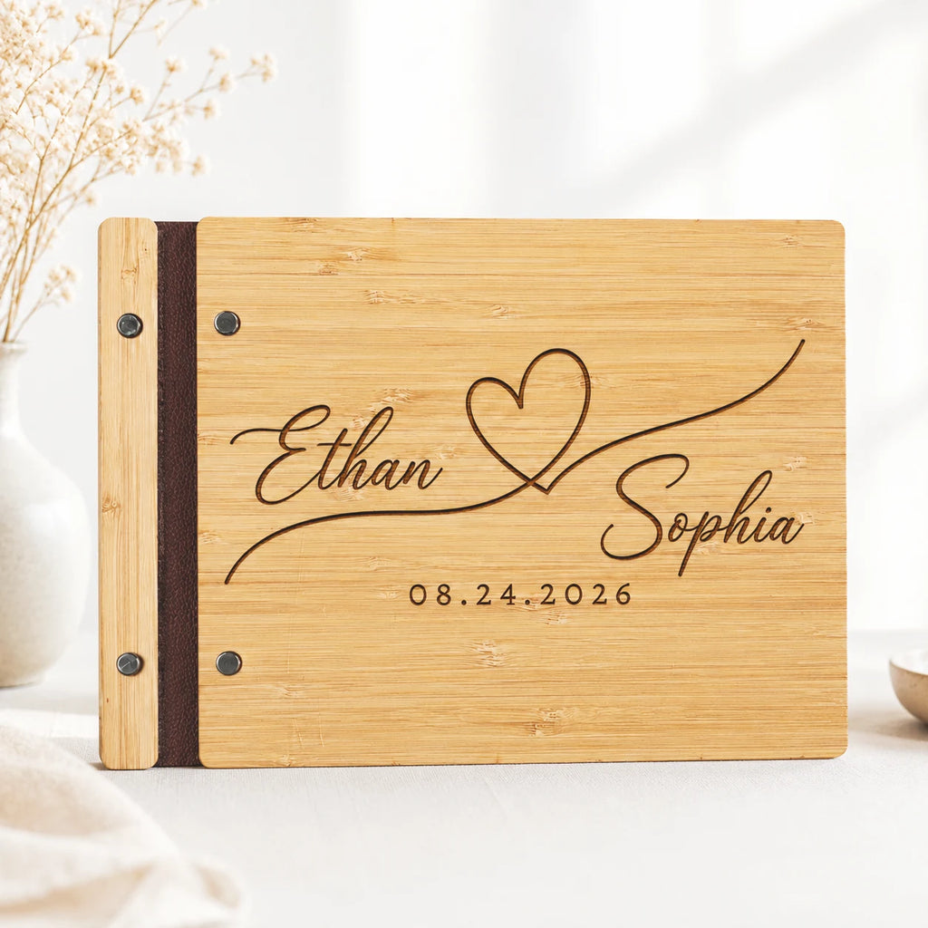 Personalized Wedding Guest Book - Custom Engraved Bamboo Keepsake for Weddings with Names & Date