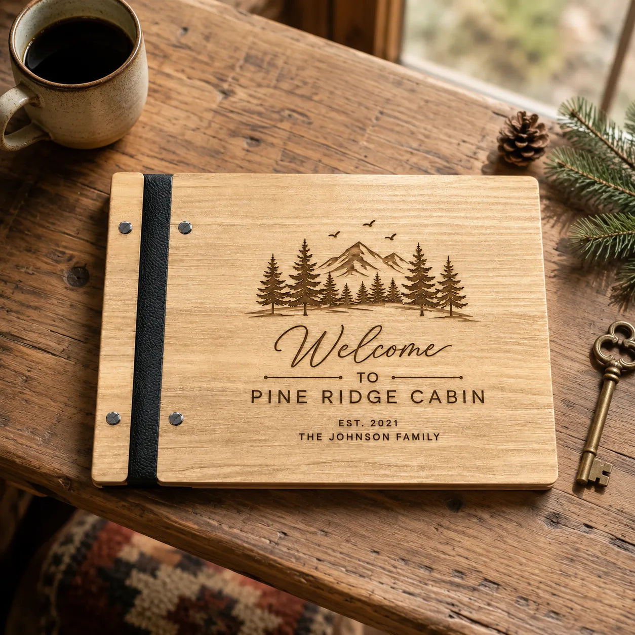 Custom Engraved Cabin Guest Book, Personalized Wooden Vacation Rental Guestbook
