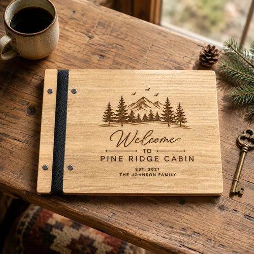 Custom Engraved Cabin Guest Book, Personalized Wooden Vacation Rental Guestbook