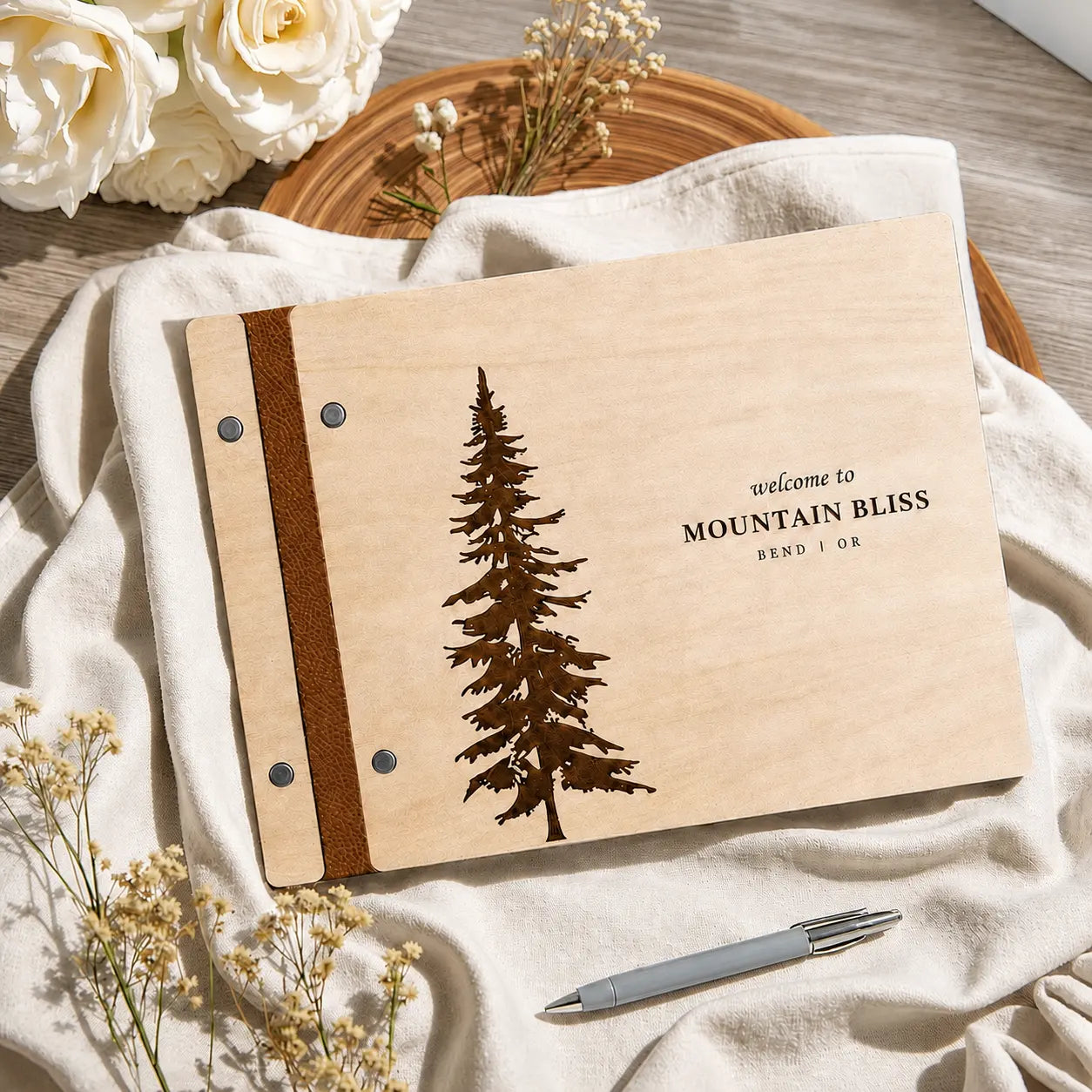Wooden Guest Book, Pine Tree Guestbook, Custom Cabin Lodge Welcome Book for Airbnb