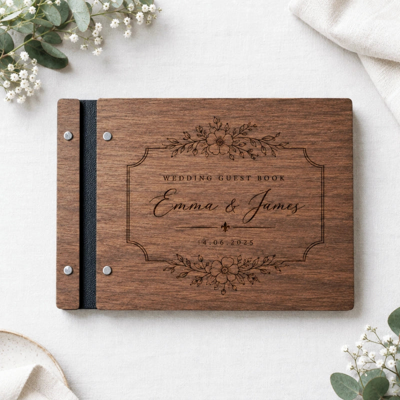 Personalized Wooden Wedding Guest Book, French Floral Engraved Walnut Photo Album & Wedding Keepsake