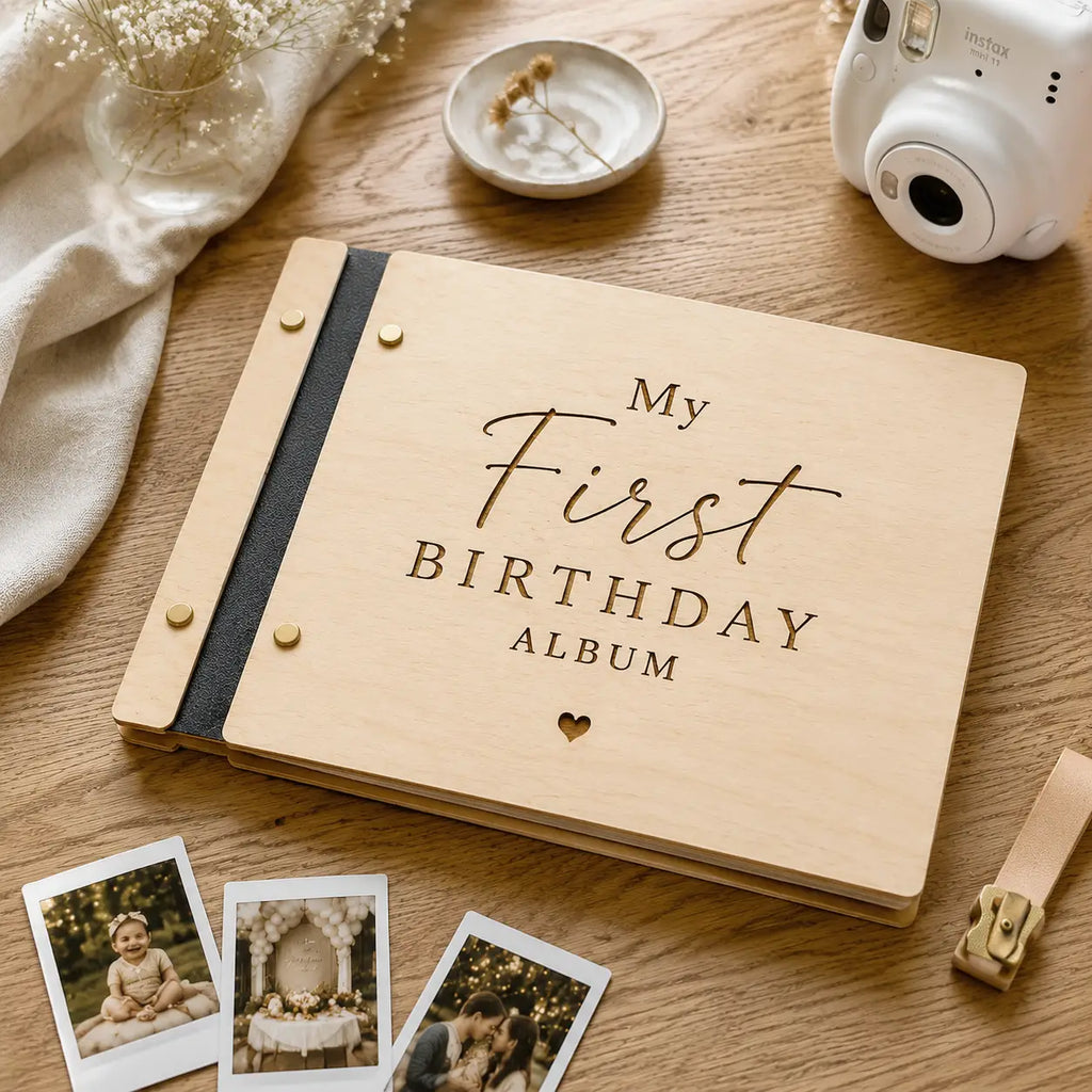 Handcrafted Wooden Baby Photo Album | Personalized 1st Birthday Keepsake Gift