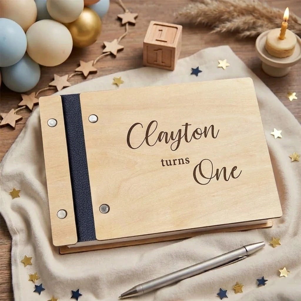 Personalized Wooden Guest Book: Photo Album Turns One Gift for Birthday Keepsake
