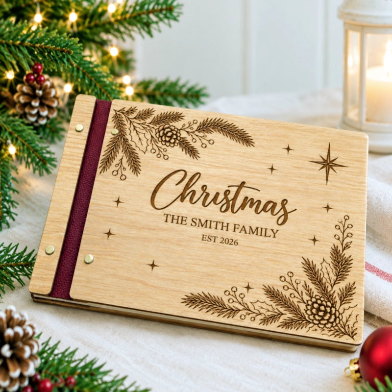 Personalized Christmas Family Memory Book – Custom Engraved Wooden Christmas Keepsake Album
