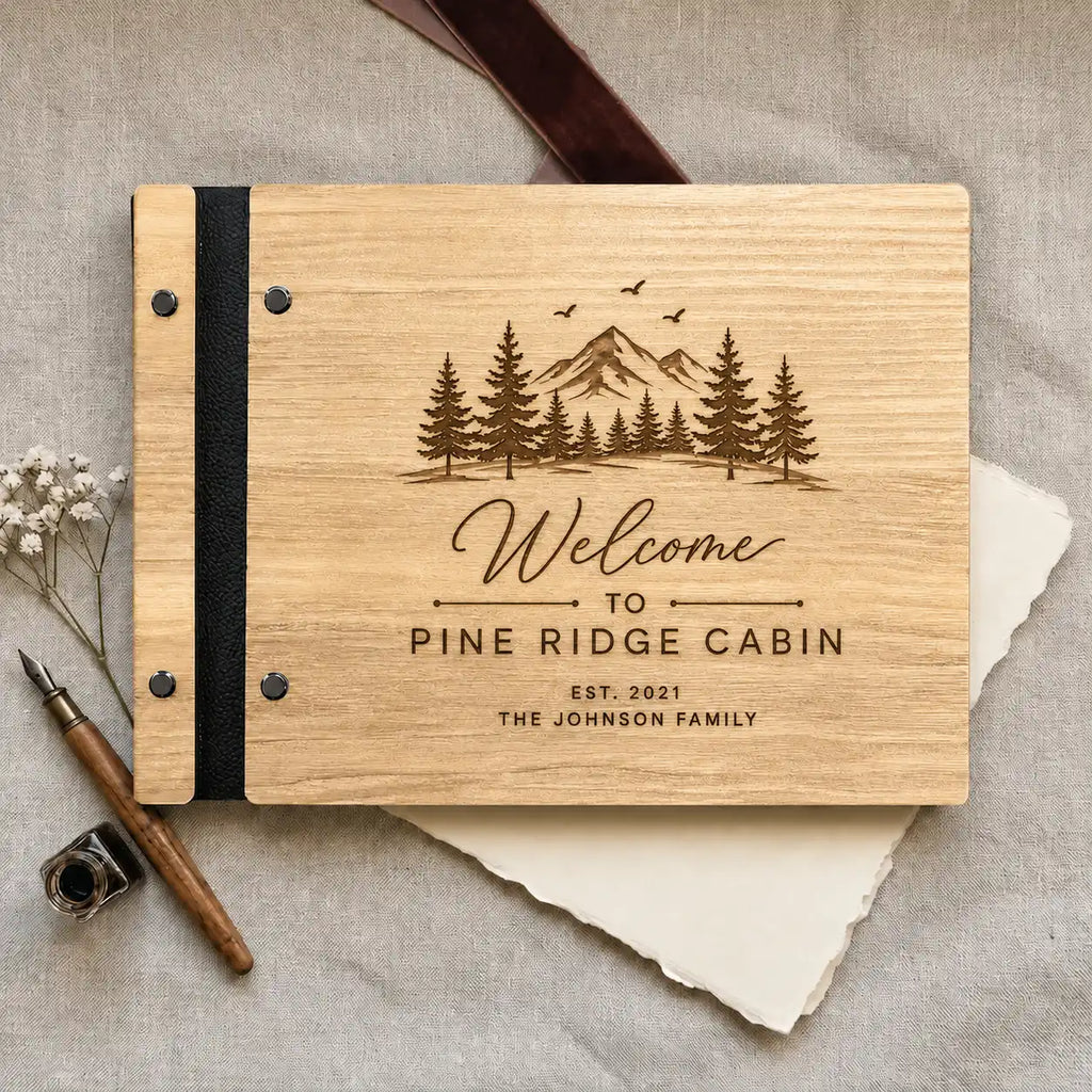 Custom Engraved Cabin Guest Book, Personalized Wooden Vacation Rental Guestbook