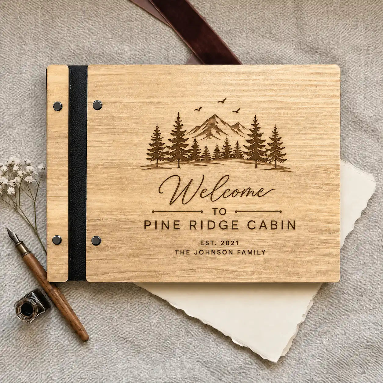 Custom Engraved Cabin Guest Book, Personalized Wooden Vacation Rental Guestbook