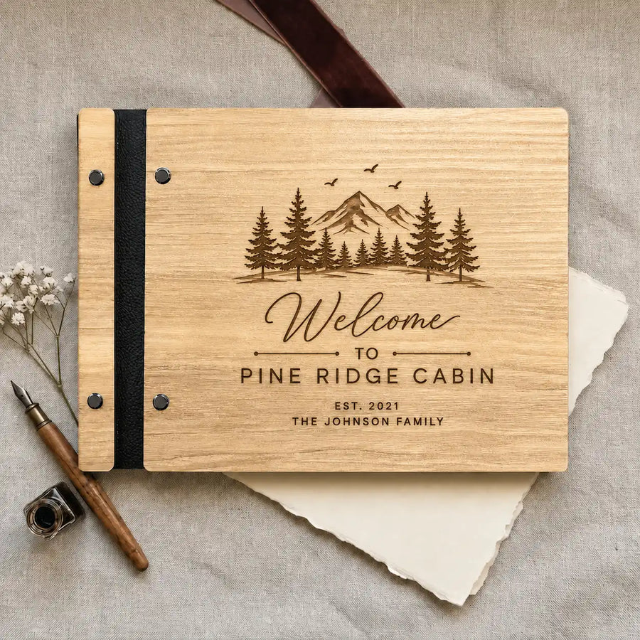 Custom Engraved Cabin Guest Book, Personalized Wooden Vacation Rental Guestbook