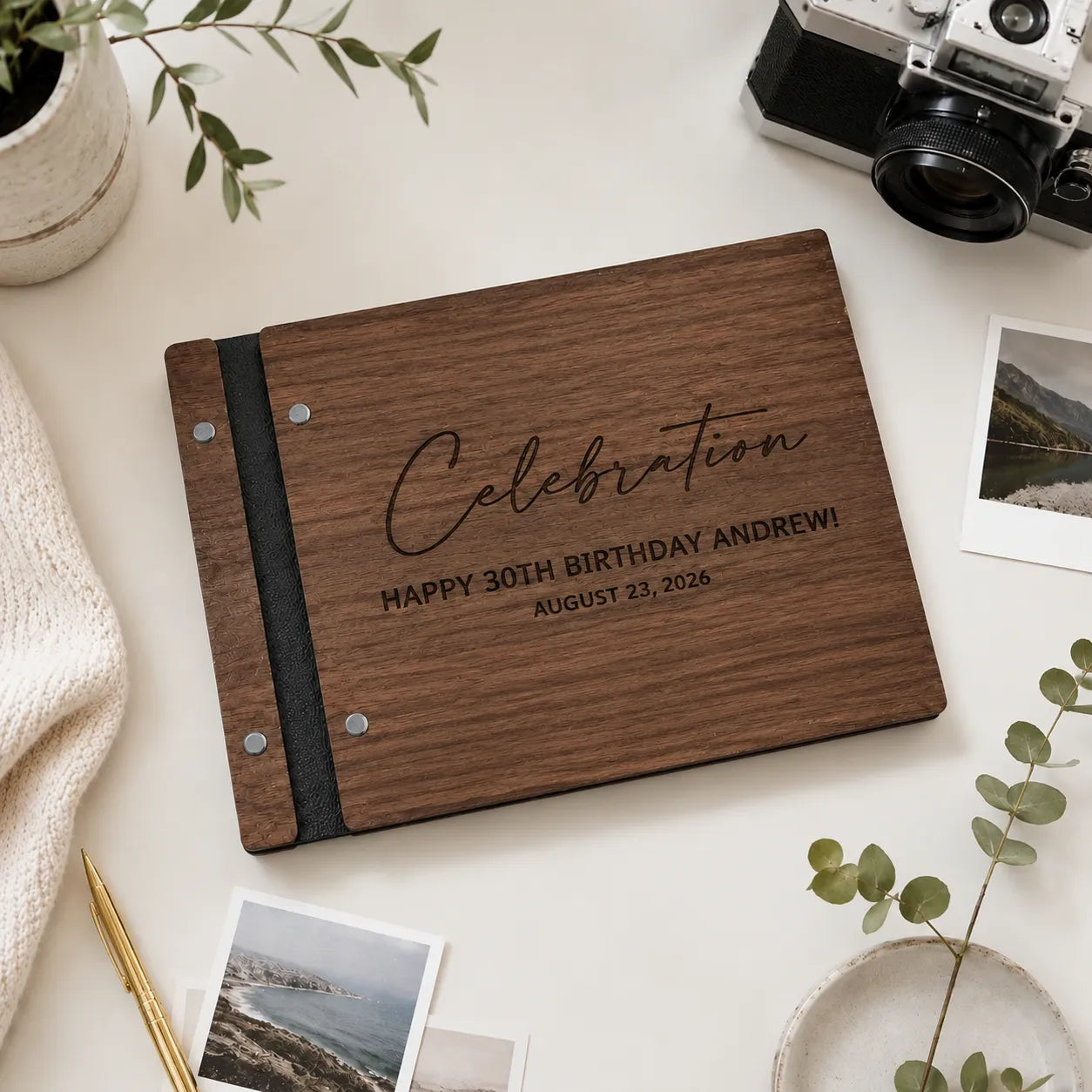 Personalized Walnut Wooden Memory Book – Custom Engraved Keepsake Album for Birthdays & Special Moments