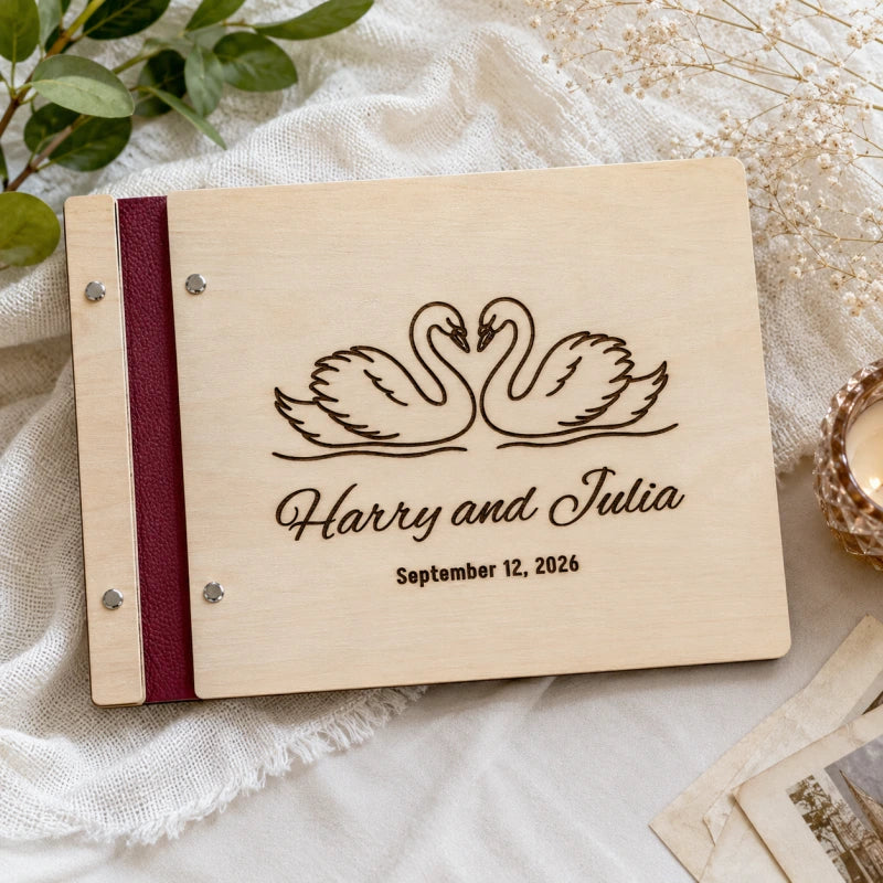 Custom Engraved Wooden Wedding Guest Book & Photo Album with Swan Design