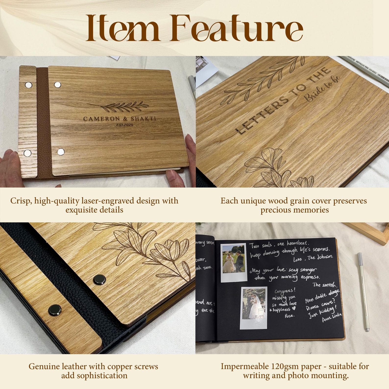 Personalized Wooden Wedding Guest Book: Engraved Photo Album Keepsake