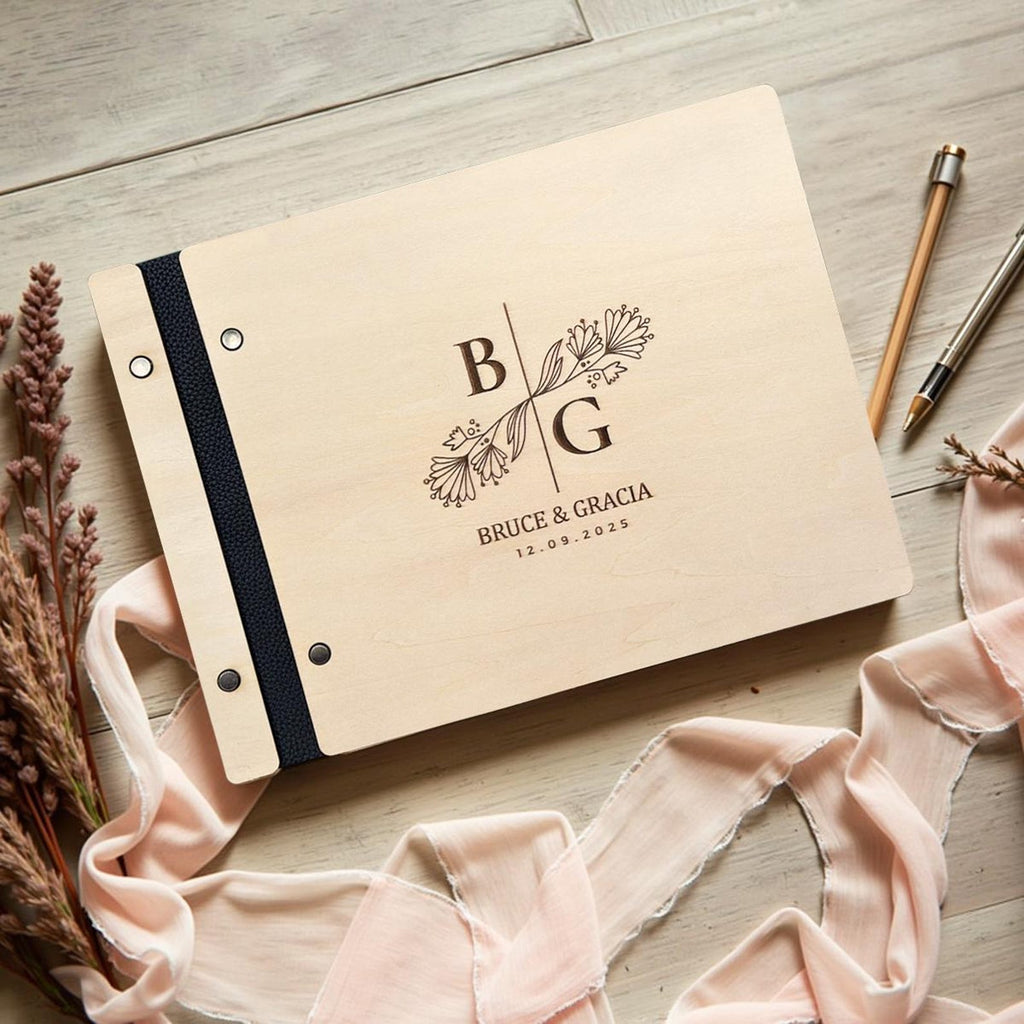 Personalized Wooden Wedding Guest Book: Engraved Photo Album