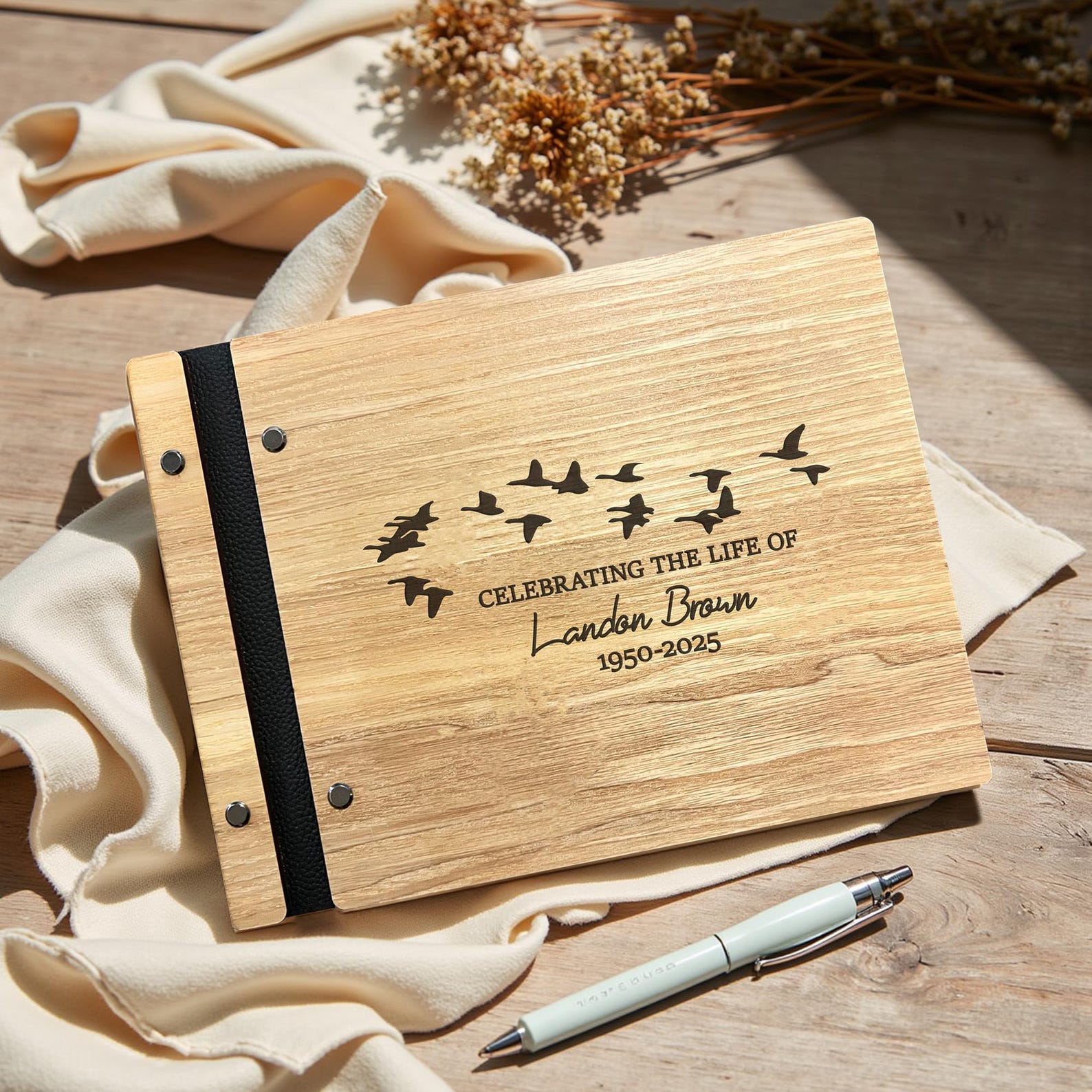 Personalized  Wooden Memorial Guest Book, Celebration of Life Engraved Keepsake with Flock of Birds