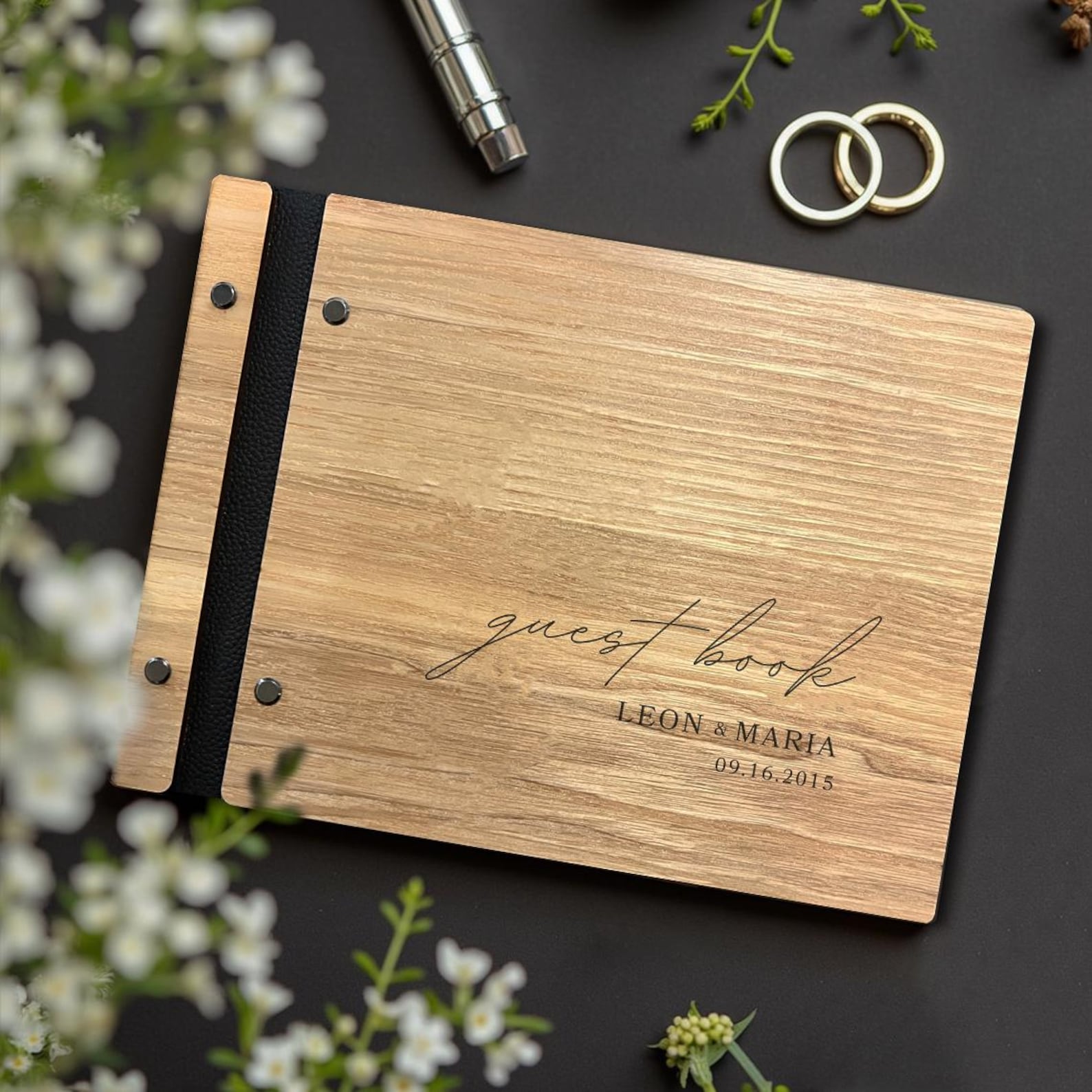 Solid Wood Wedding Guest Book - Engraved Blessings Keepsake | Personalized with Names & Date