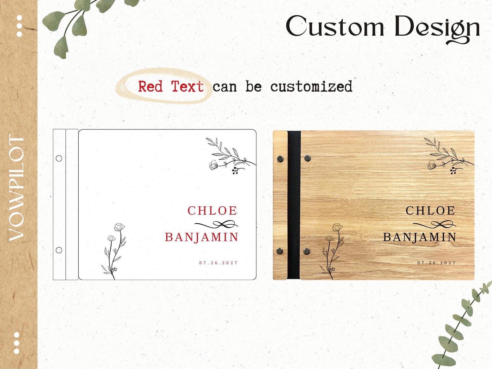 Custom Floral Wooden Wedding Guest Book - Engraved Blessings Keepsake | Personalized with Names & Date