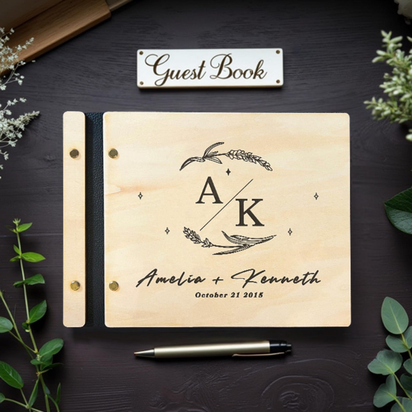 Wedding Guest Book with Wooden Cover - Engraved Blessings Keepsake | Custom Names & Date