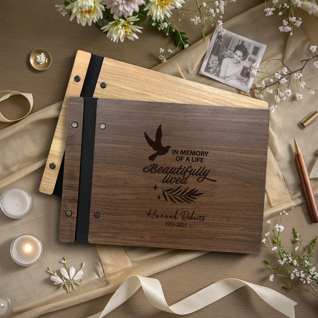 Personalized Wooden Memorial Guest Book | Celebration of Life Sign-In Book | Engraved Remembrance Keepsake Album