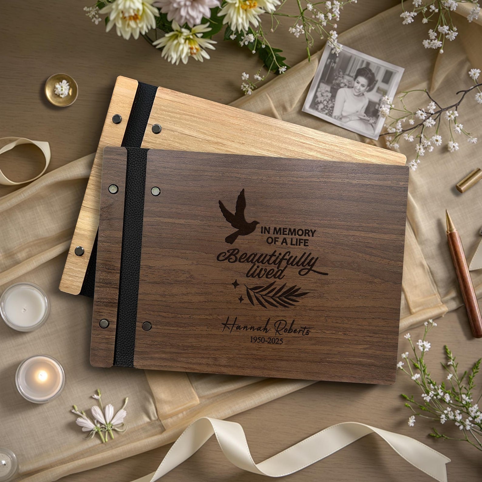 Personalized Wooden Memorial Guest Book | Celebration of Life Sign-In Book | Engraved Remembrance Keepsake Album