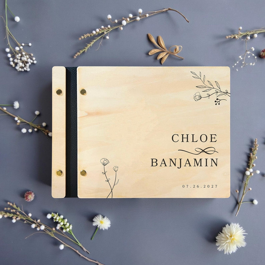Custom Floral Wooden Wedding Guest Book - Engraved Blessings Keepsake | Personalized with Names & Date