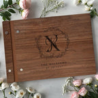 Elegant Floral Monogram Wood Guest Book  - Engraved Blessings Keepsake | Personalized with Names & Date