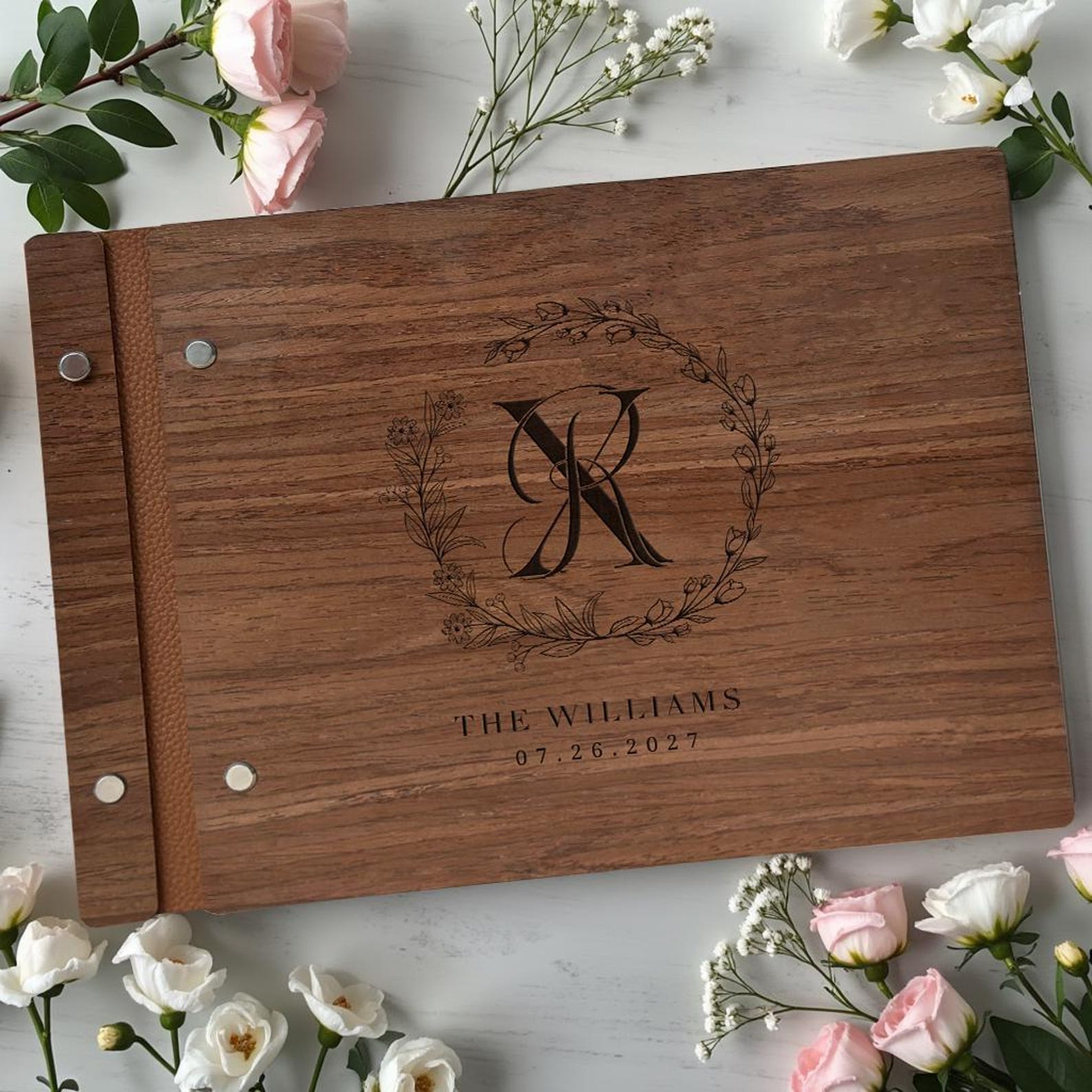 Elegant Floral Monogram Wood Guest Book  - Engraved Blessings Keepsake | Personalized with Names & Date