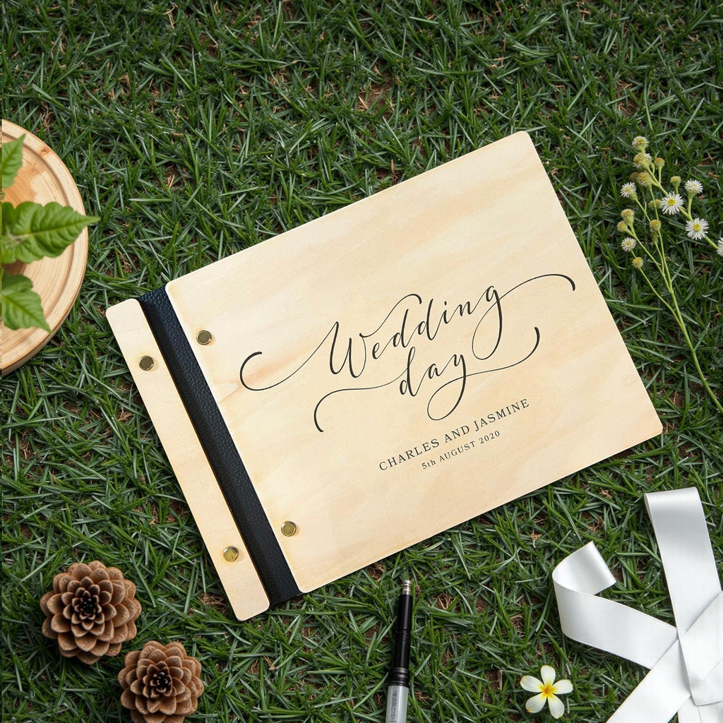 Natural Wood Wedding Guest Book - Custom with Couple's Names & Wedding Date