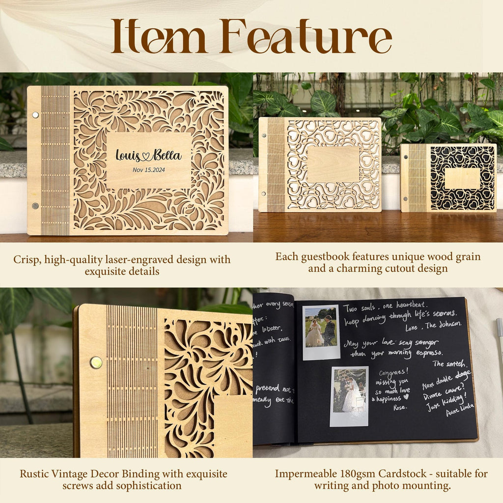 Personalized Wooden Wedding Guest Book | Engraved Rose Cutout Design | Custom Sign-In Book & Keepsake Album