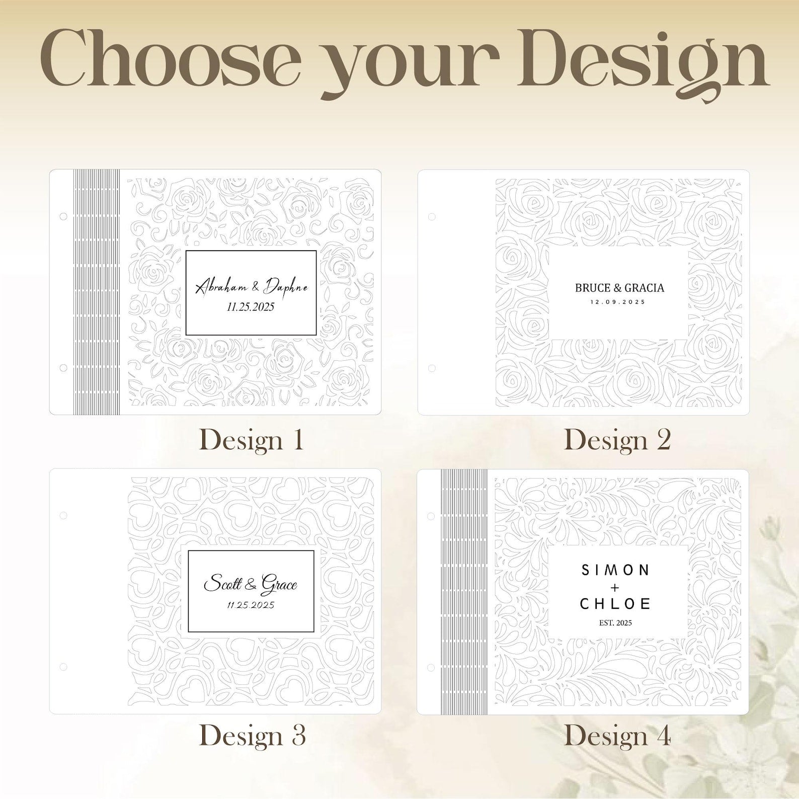 Personalized Wooden Wedding Guest Book | Rose Laser Cut Sign-In Book | Gifts for Couple