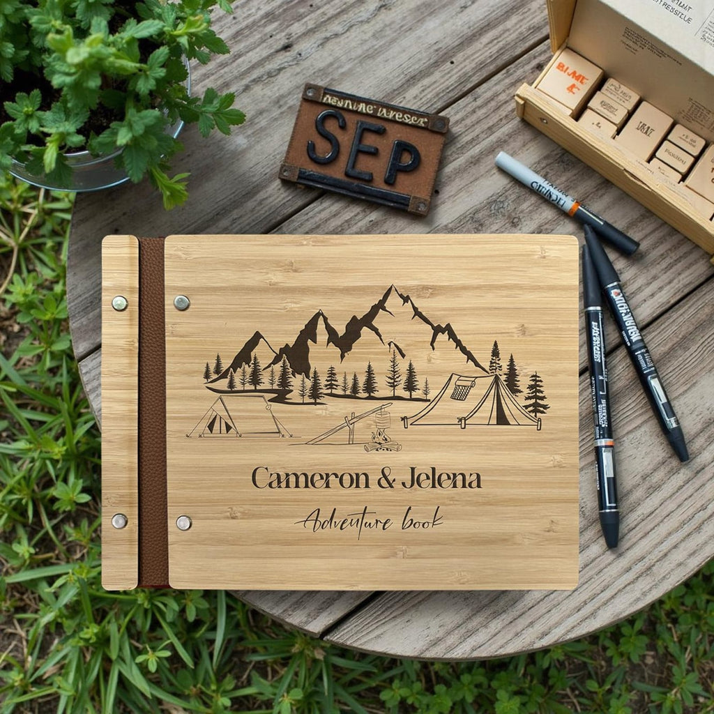 Custom Engraved Wooden Guest Book: Adventure Scrapbook Album