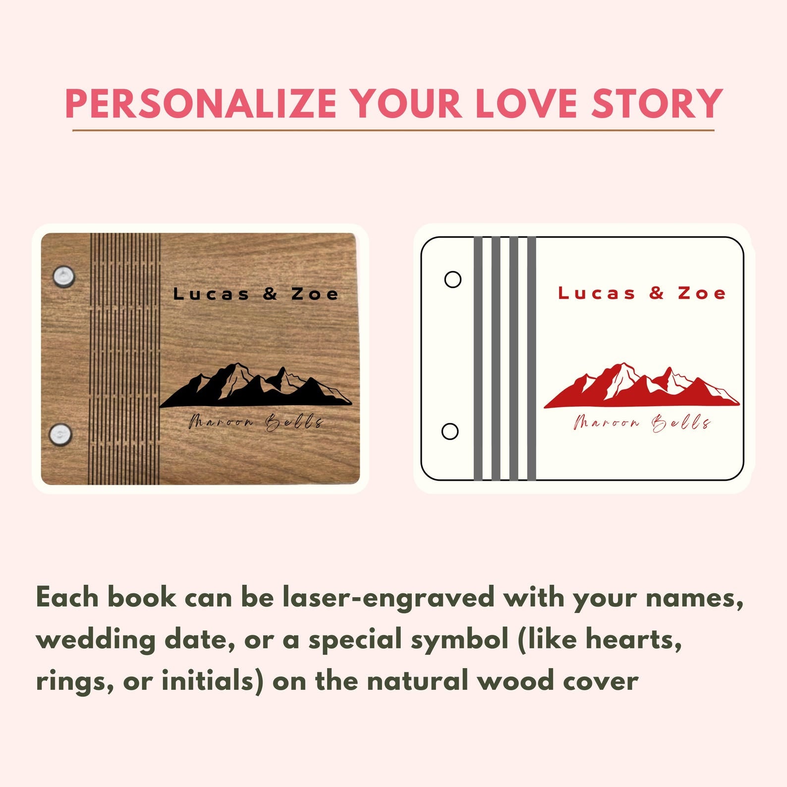 Personalized Wooden Vow Book, Rustic Mountain Engraving, Wedding Guestbook