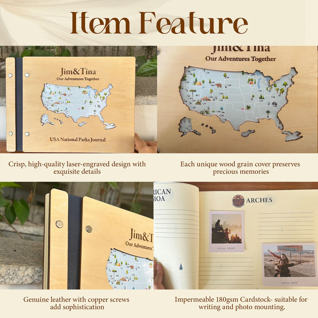 Personalized Wooden USA National Parks Travel Journal, Explorer Gift