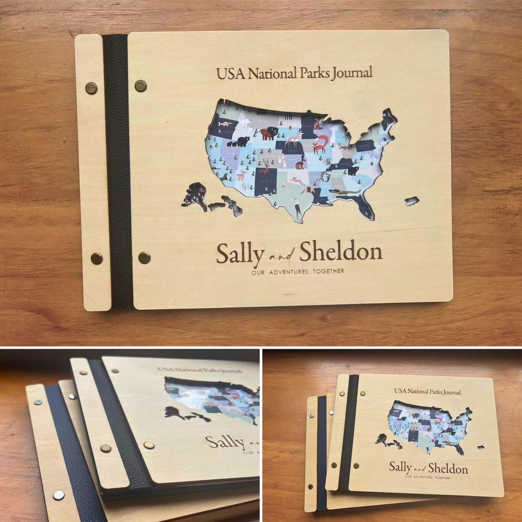 63 USA National Parks Wooden Journal Customizable Name - Personalized Map Design for Adventure Lovers
