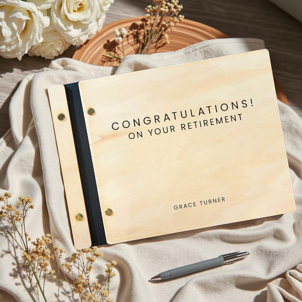Personalized Wooden Retirement Commemorative Photo Album: Engraved Album, Leather Binding
