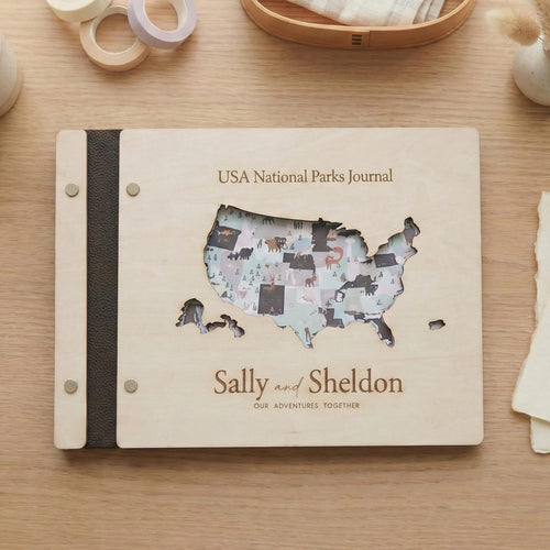63 USA National Parks Wooden Journal Customizable Name - Personalized Map Design for Adventure Lovers