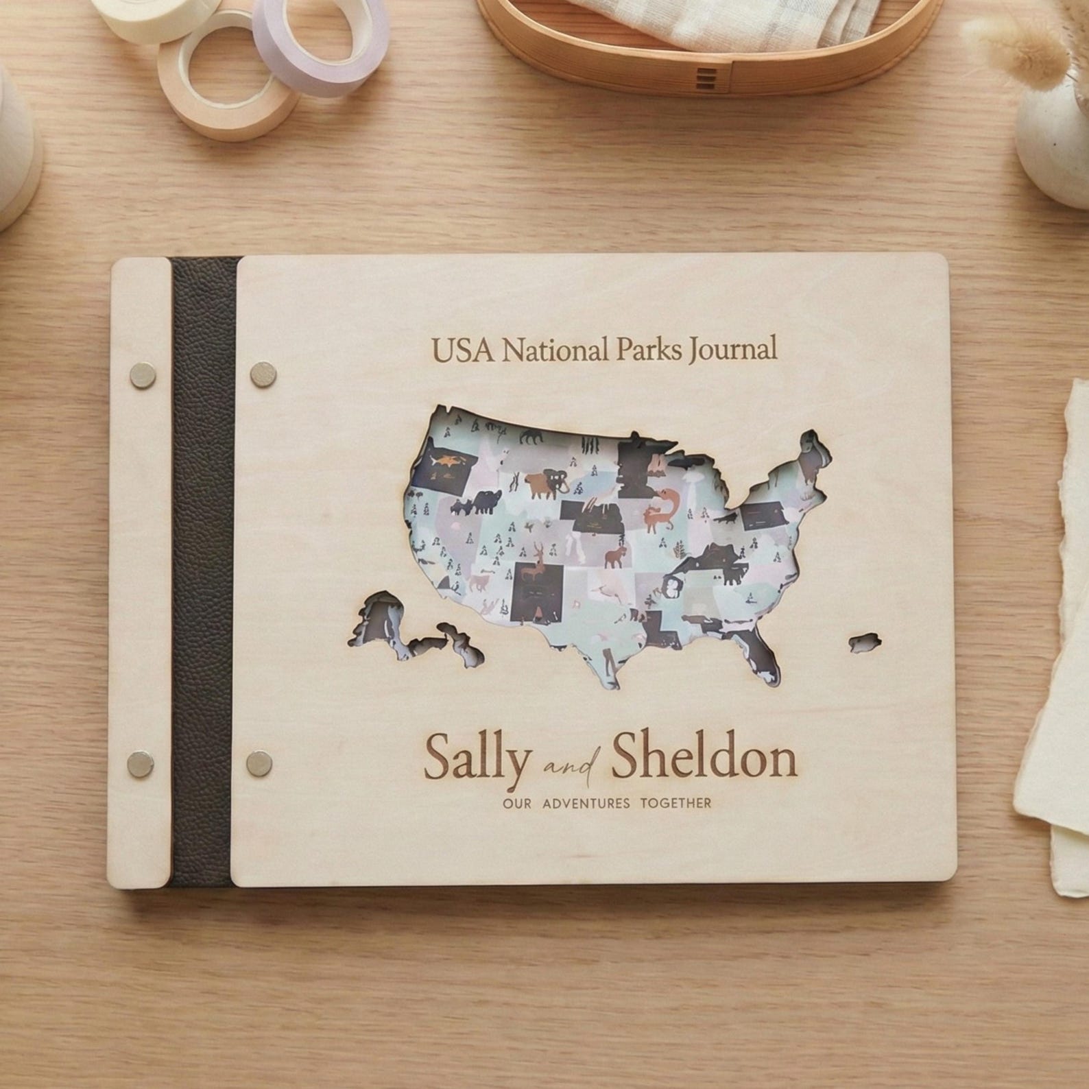 63 USA National Parks Wooden Journal Customizable Name - Personalized Map Design for Adventure Lovers
