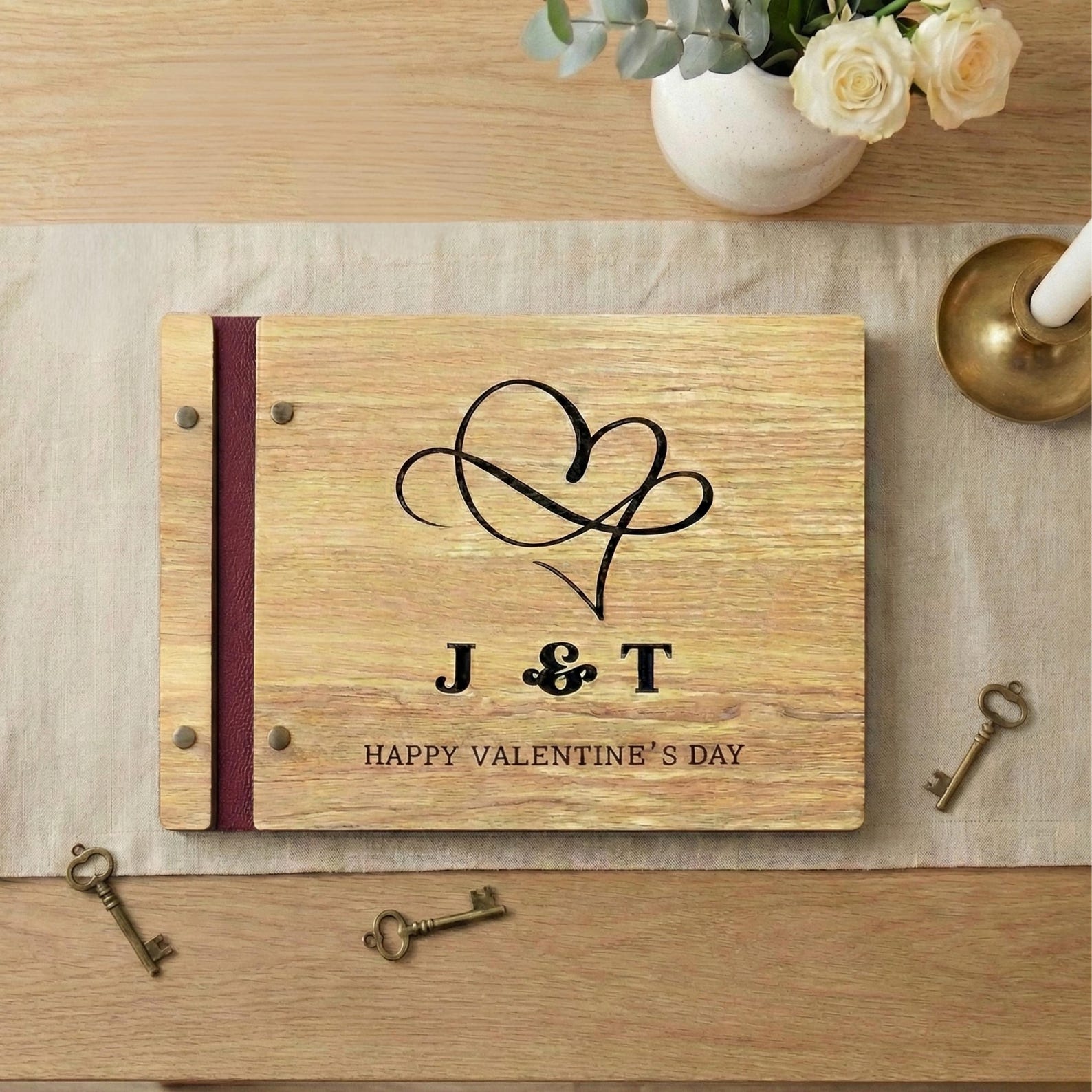 Personalized Wooden Scrapbook, Valentine's Day Gift, Engraved Heart Infinity, Burgundy Leather Memory Book