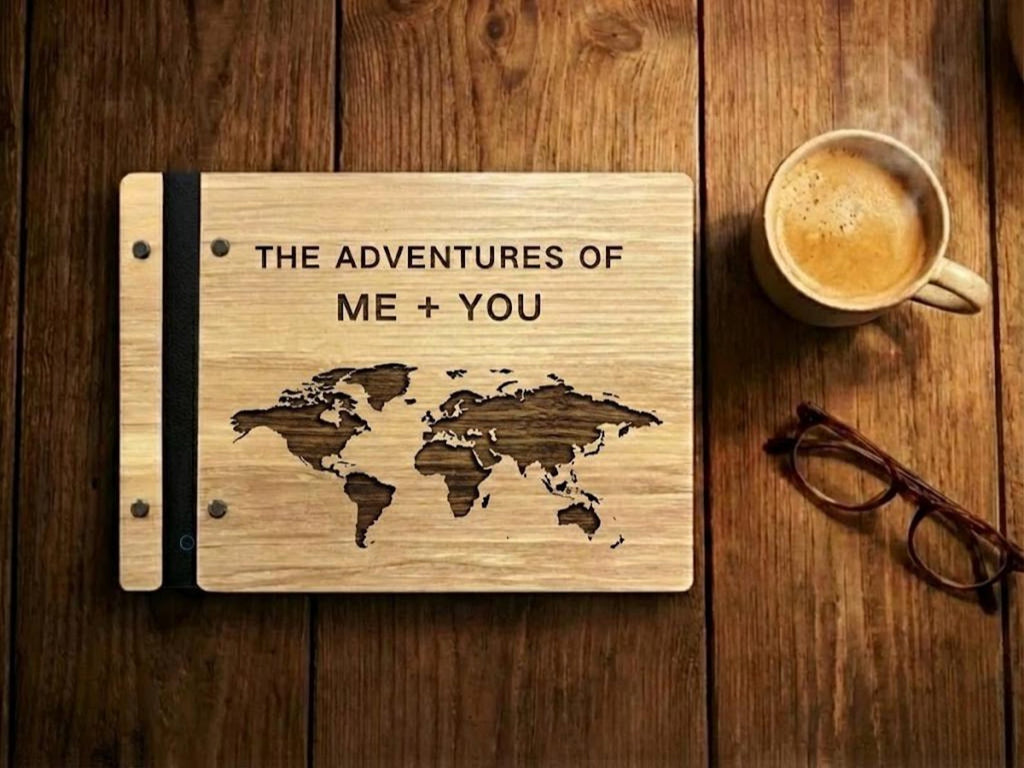 Wooden Travel Journal | World Map Scrapbook | Couples Adventure Book | Father's Day  Gift | Custom Names