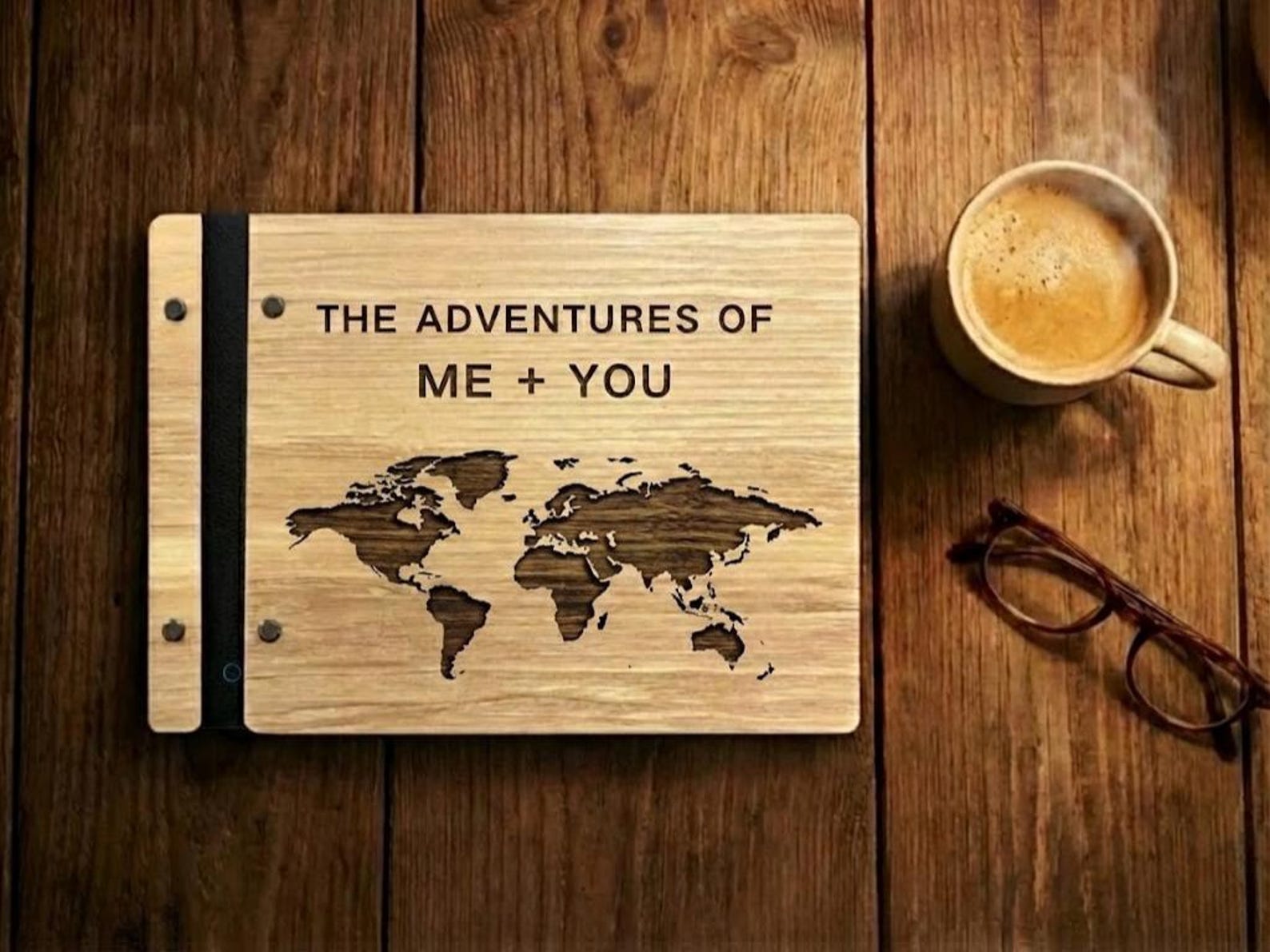 Wooden Travel Journal | World Map Scrapbook | Couples Adventure Book | Father's Day  Gift | Custom Names