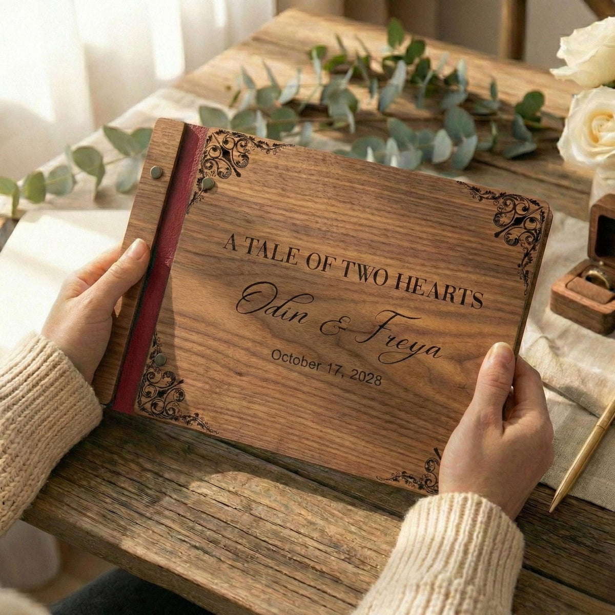 Personalized Rustic Wooden Wedding Guest Book – Vintage Engraved Wedding Keepsake Album