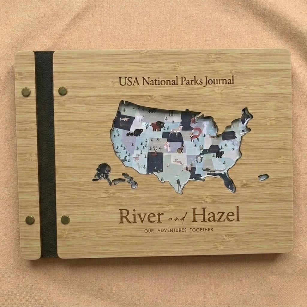 63 USA National Parks Wooden Journal Customizable Name - Personalized Map Design for Adventure Lovers