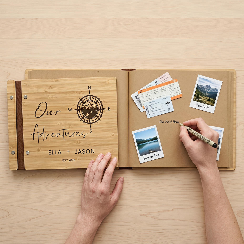Adventures Custom Album, Personalized Travel Journal, Engraved Wooden Photo Book, Couples Scrapbook, Mountain Compass Wedding Guest Book