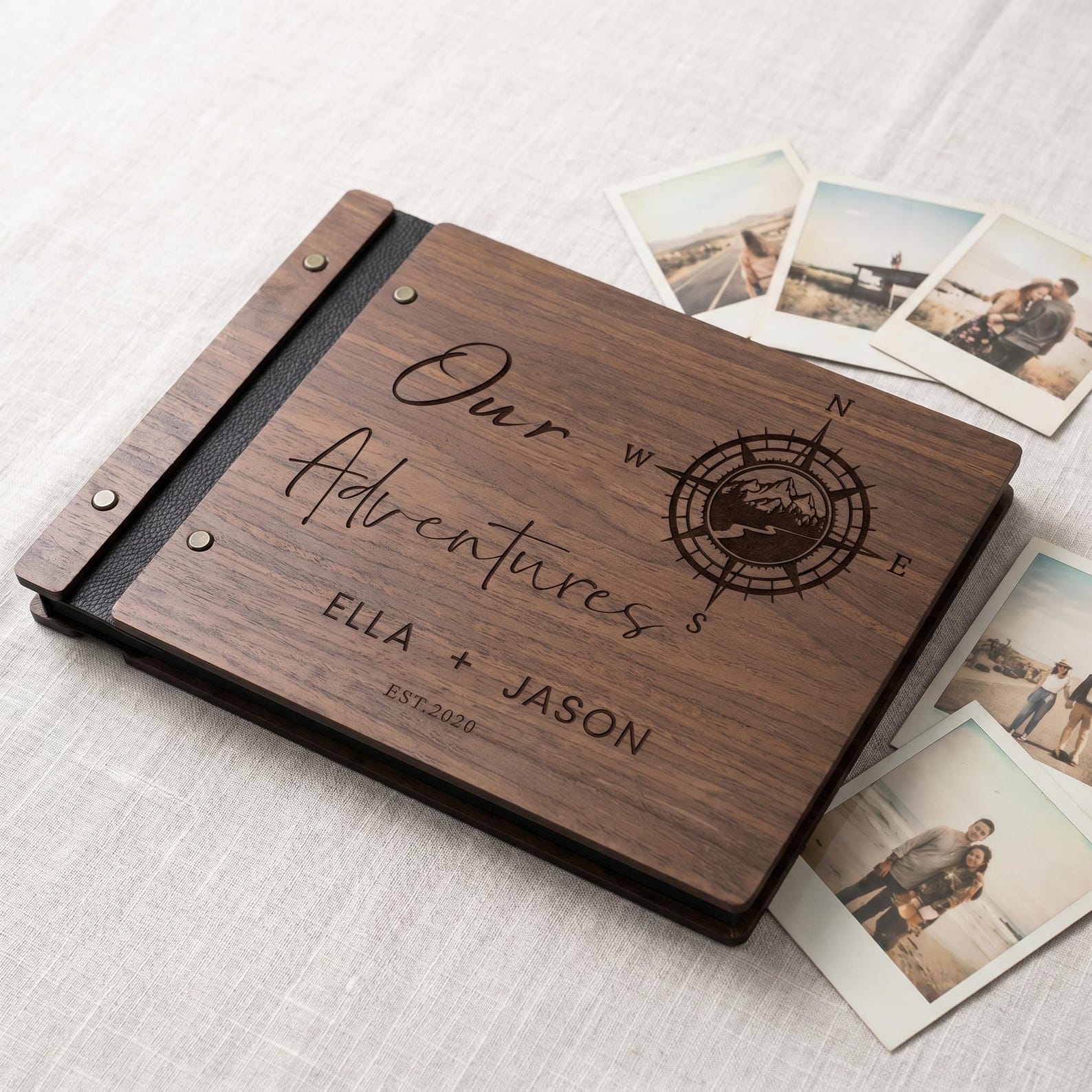 Adventures Custom Album, Personalized Travel Journal, Engraved Wooden Photo Book, Couples Scrapbook, Mountain Compass Wedding Guest Book