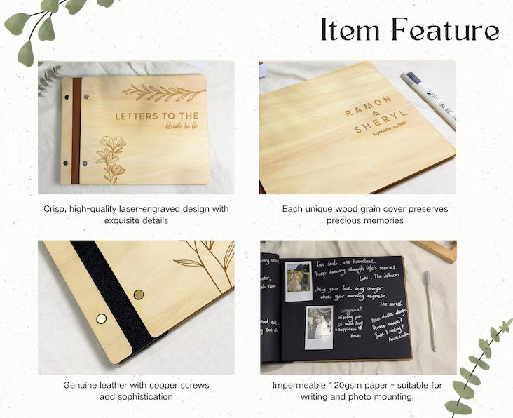Custom Floral Wooden Wedding Guest Book - Engraved Blessings Keepsake | Personalized with Names & Date