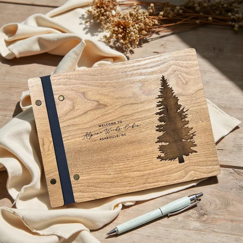 Wooden Guest Book, Pine Tree Guestbook, Custom Cabin Lodge Welcome Book for Airbnb