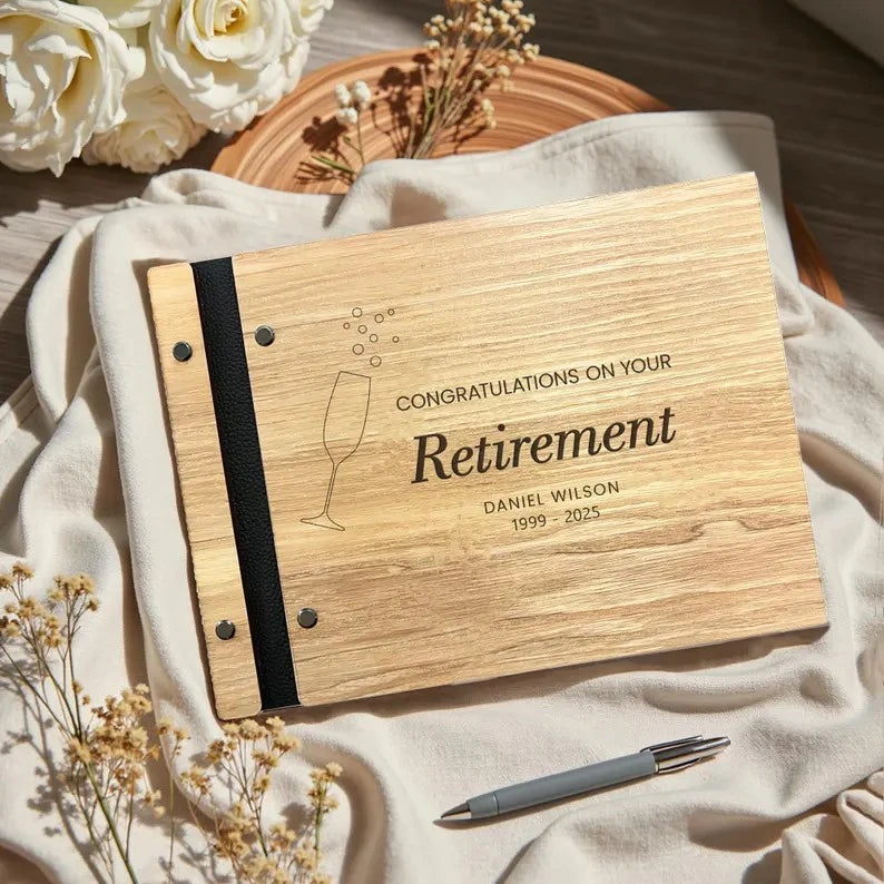 Personalized Wooden Retirement Commemorative Photo Album: Engraved Album, Leather Binding